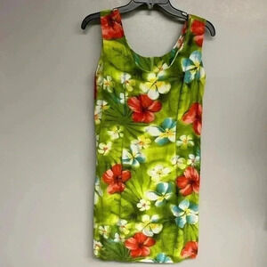 Jams World Women's Hawaiian Tank Dress M Puanani Green Plumeria Rayon Vintage
